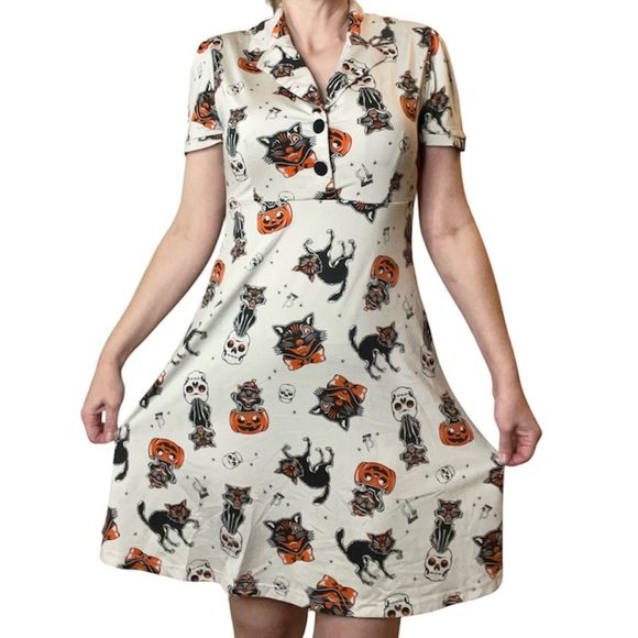 Sourpuss Dresses & Skirts - Sourpuss Black Cat Rosie Dress Cream Button Dress Goth Halloween Rockabilly Med